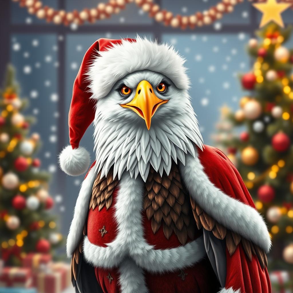 An eagle dressed as Santa Claus, standing proudly with a cheerful expression