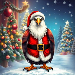 An eagle dressed as Santa Claus, with a jolly expression and festive attire