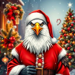 An eagle dressed as Santa Claus, with a jolly expression and festive attire
