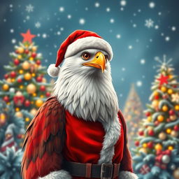An eagle dressed as Santa Claus, with a jolly expression and festive attire