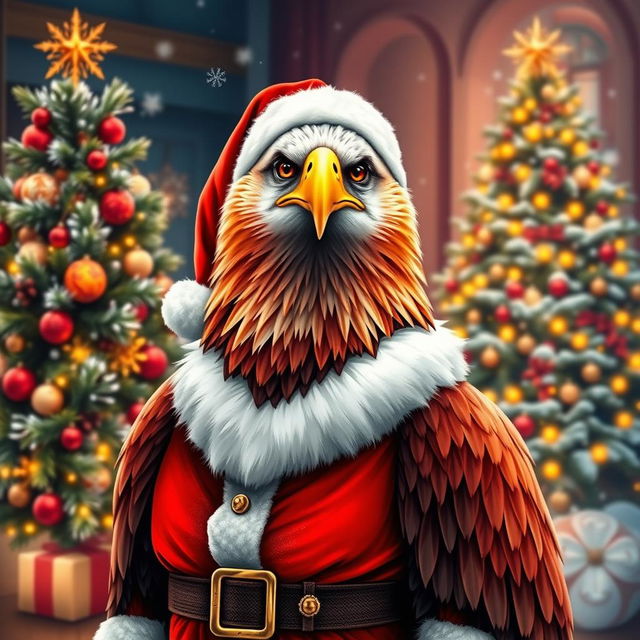 An eagle dressed as Santa Claus, with a jolly expression and festive attire