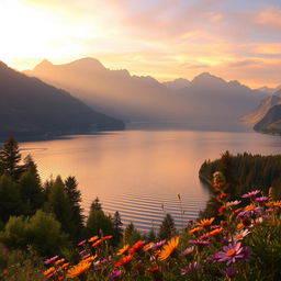 A breathtaking landscape featuring a vast, serene lake surrounded by majestic mountains, bathed in the golden light of sunrise