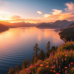 A breathtaking landscape featuring a vast, serene lake surrounded by majestic mountains, bathed in the golden light of sunrise