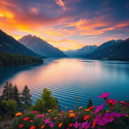 A breathtaking landscape featuring a vast, serene lake surrounded by majestic mountains, bathed in the golden light of sunrise