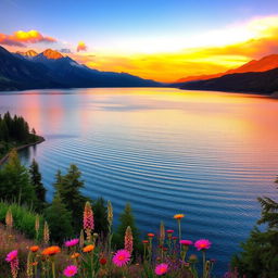 A breathtaking landscape featuring a vast, serene lake surrounded by majestic mountains, bathed in the golden light of sunrise