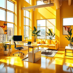 A bright and vibrant yellow office space with modern furniture, large windows allowing natural light to flood in, and stylish desk arrangements