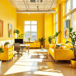 A bright and vibrant yellow office space with modern furniture, large windows allowing natural light to flood in, and stylish desk arrangements