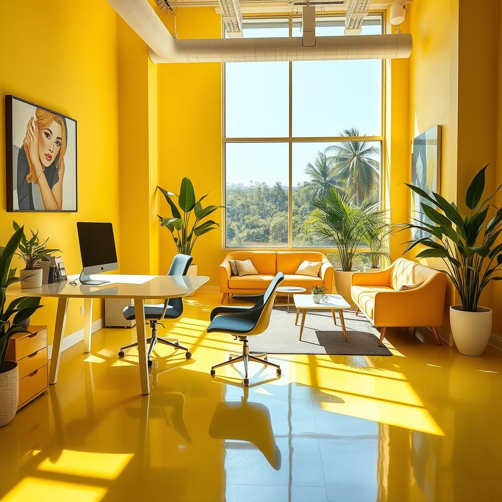 A bright and vibrant yellow office space with modern furniture, large windows allowing natural light to flood in, and stylish desk arrangements