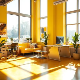 A bright and vibrant yellow office space with modern furniture, large windows allowing natural light to flood in, and stylish desk arrangements