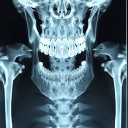 An X-ray image showing a detailed view of a human jawbone and teeth, highlighting the dental structures clearly, with a focus on the intricate details such as tooth roots, cavities, and overall dental anatomy