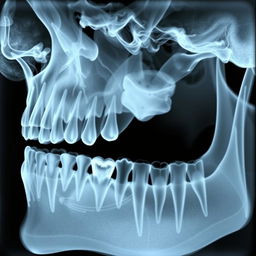 An X-ray image showing a detailed view of a human jawbone and teeth, highlighting the dental structures clearly, with a focus on the intricate details such as tooth roots, cavities, and overall dental anatomy