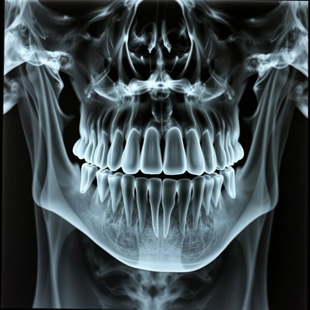 An X-ray image showing a detailed view of a human jawbone and teeth, highlighting the dental structures clearly, with a focus on the intricate details such as tooth roots, cavities, and overall dental anatomy