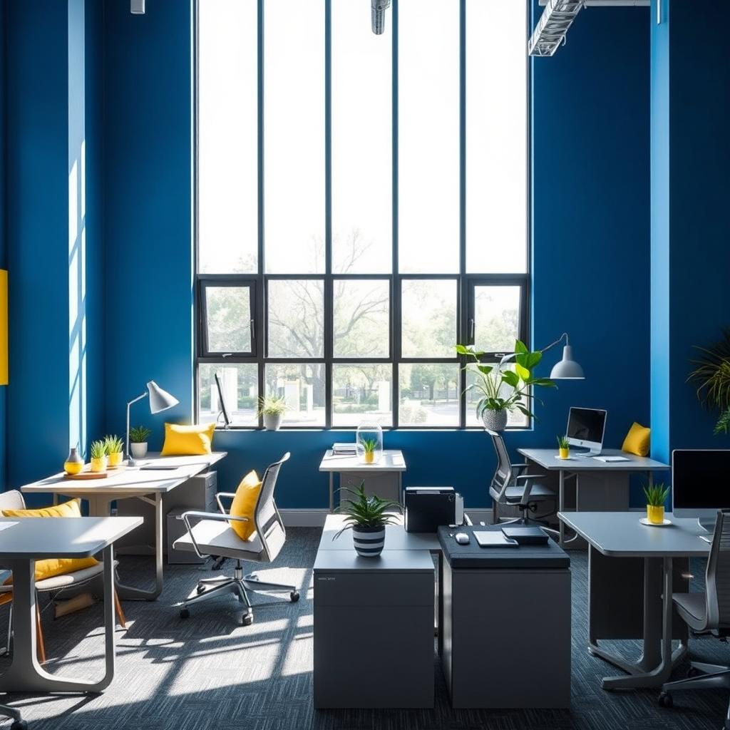 A modern office interior showcasing a harmonious blend of blue, yellow, and gray colors
