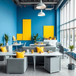 A modern office interior showcasing a harmonious blend of blue, yellow, and gray colors