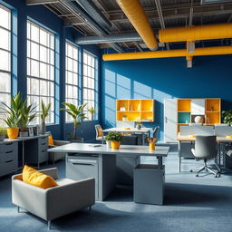 A modern office interior showcasing a harmonious blend of blue, yellow, and gray colors