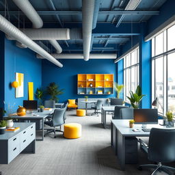 A modern office interior showcasing a harmonious blend of blue, yellow, and gray colors