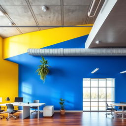An office interior featuring a blue wall and a yellow wall, complemented by a sleek gray roof