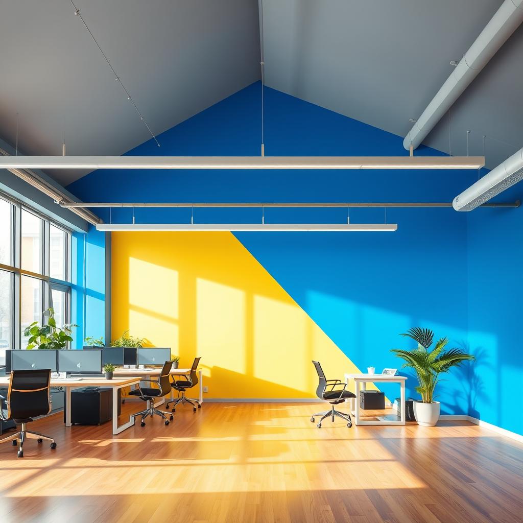 An office interior featuring a blue wall and a yellow wall, complemented by a sleek gray roof