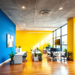 An office interior featuring a blue wall and a yellow wall, complemented by a sleek gray roof