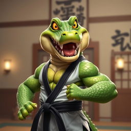 A male anthropomorphic alligator with a muscular build, standing confidently in a powerful martial arts pose