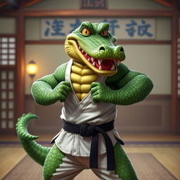 A male anthropomorphic alligator with a muscular build, standing confidently in a powerful martial arts pose