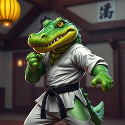 A male anthropomorphic alligator with a muscular build, standing confidently in a powerful martial arts pose