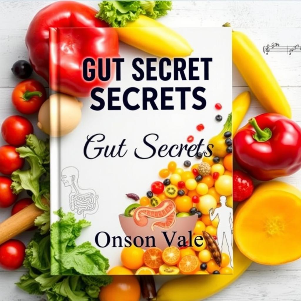 A flat book cover design titled 'Gut Secrets' in bold, large font centered at the top