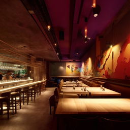 An aesthetically pleasing restaurant with a modern design. Features include a clean environment, subtle lighting, beautiful art pieces, plush seating, polished wood tables and a curated bar area.