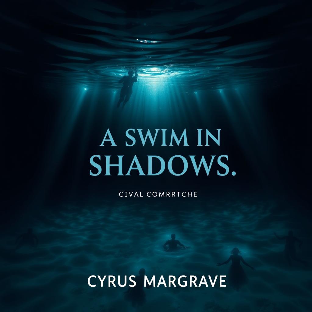 A realistic underwater scene featuring a mysterious, dimly lit pool surrounded by shadows and silhouettes of ominous figures lurking at the edges, creating an intriguing atmosphere