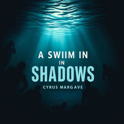 A realistic underwater scene featuring a mysterious, dimly lit pool surrounded by shadows and silhouettes of ominous figures lurking at the edges, creating an intriguing atmosphere