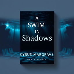 A flat book cover design titled 'A Swim in Shadows' by Cyrus Margrave, with a realistic underwater scene showcasing a dimly lit pool enveloped in shadows