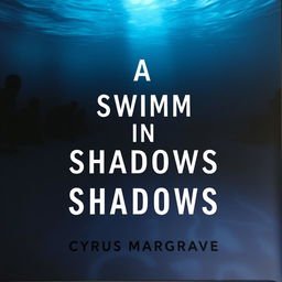 A flat book cover design titled 'A Swim in Shadows' by Cyrus Margrave, with a realistic underwater scene showcasing a dimly lit pool enveloped in shadows