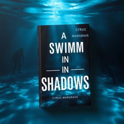 A flat book cover design titled 'A Swim in Shadows' by Cyrus Margrave, with a realistic underwater scene showcasing a dimly lit pool enveloped in shadows