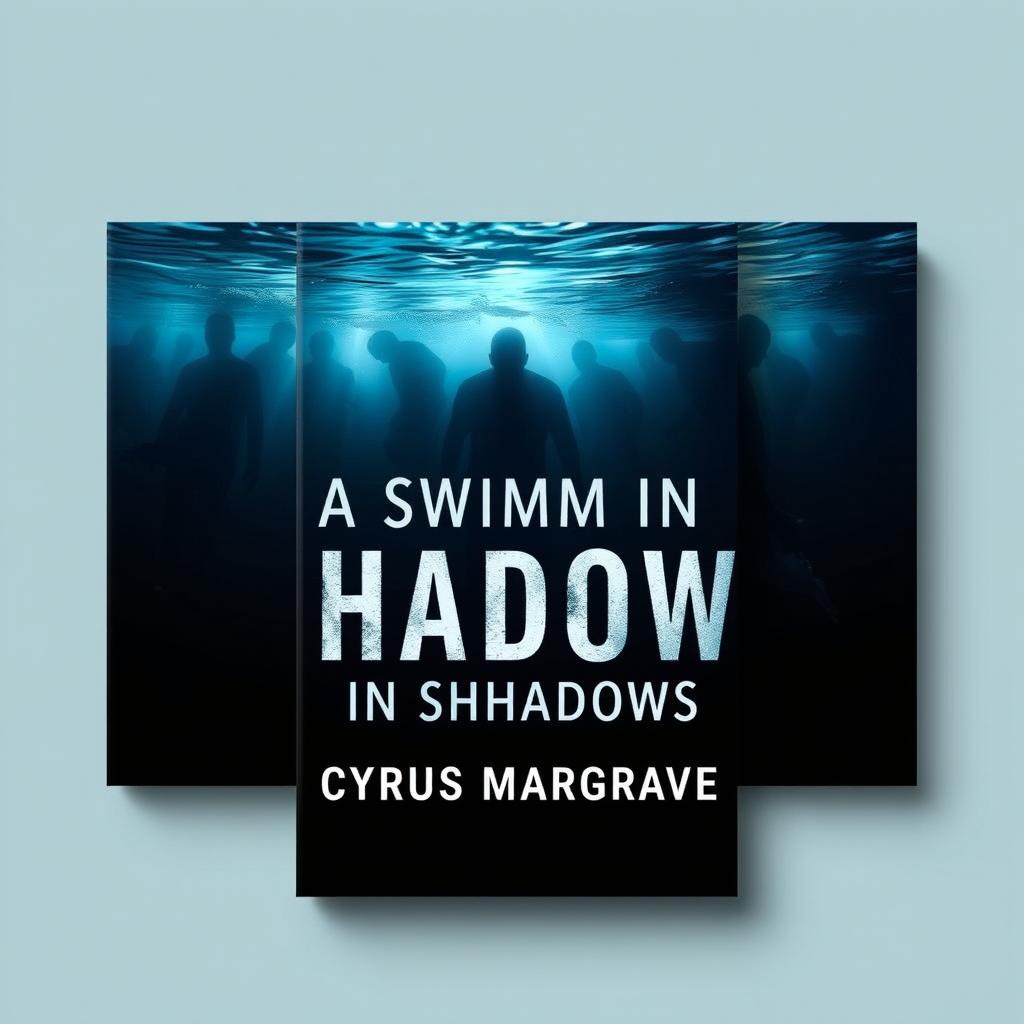A flat book cover design titled 'A Swim in Shadows' by Cyrus Margrave, with a realistic underwater scene showcasing a dimly lit pool enveloped in shadows