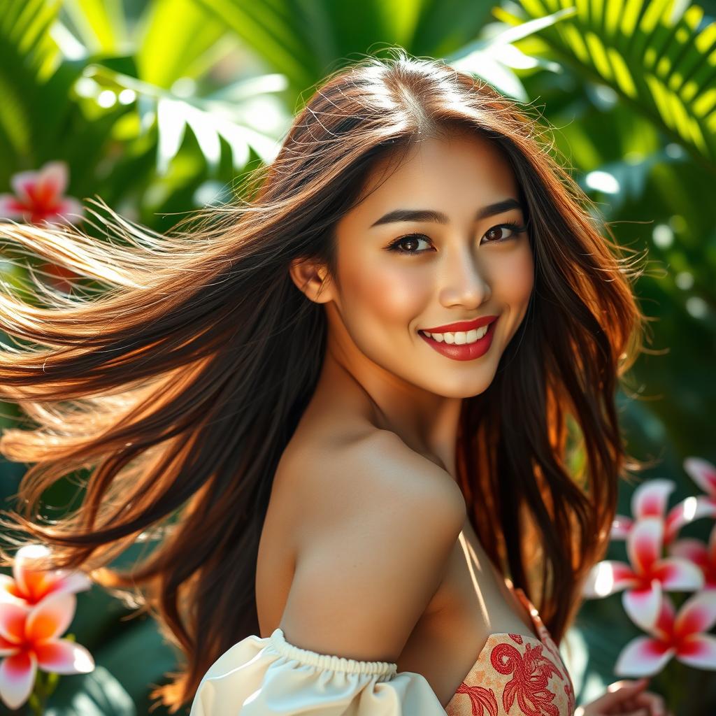 A stunning portrait of a beautiful Asian woman with flowing hair, exuding confidence and allure