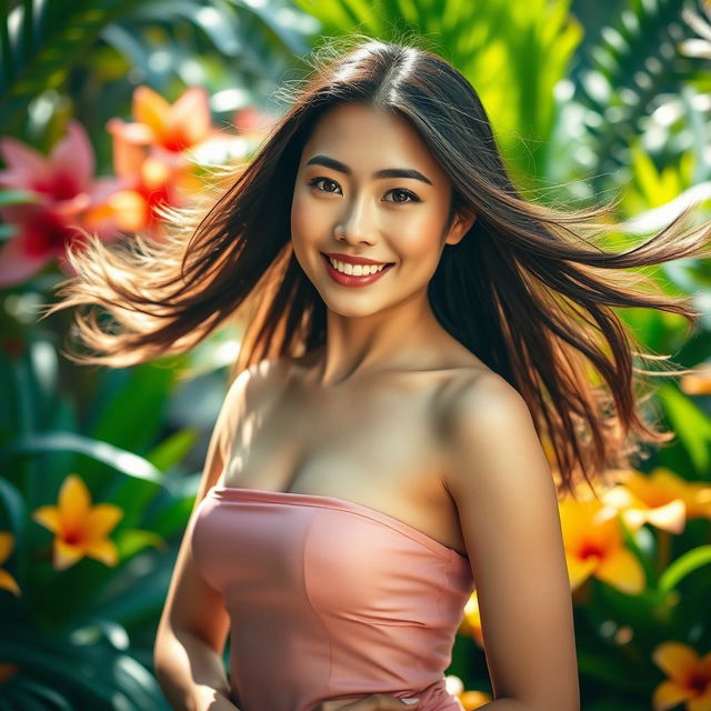 A stunning portrait of a beautiful Asian woman with flowing hair, exuding confidence and allure