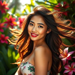 A stunning portrait of a beautiful Asian woman with flowing hair, exuding confidence and allure