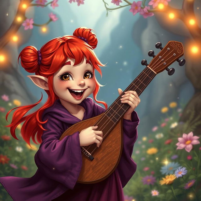 A whimsical and adventurous female halfling bard, featuring vibrant red hair styled in cute buns