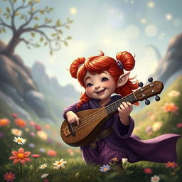 A whimsical and adventurous female halfling bard, featuring vibrant red hair styled in cute buns