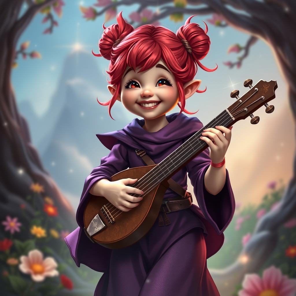 A whimsical and adventurous female halfling bard, featuring vibrant red hair styled in cute buns