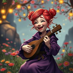 A whimsical and adventurous female halfling bard, featuring vibrant red hair styled in cute buns
