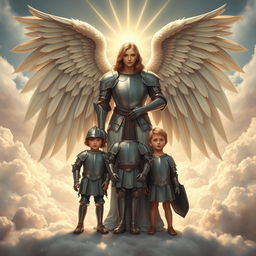 A majestic angel with large, heavenly wings symbolizing a nurturing mother, embracing her three children