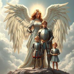 A majestic angel with large, heavenly wings symbolizing a nurturing mother, embracing her three children