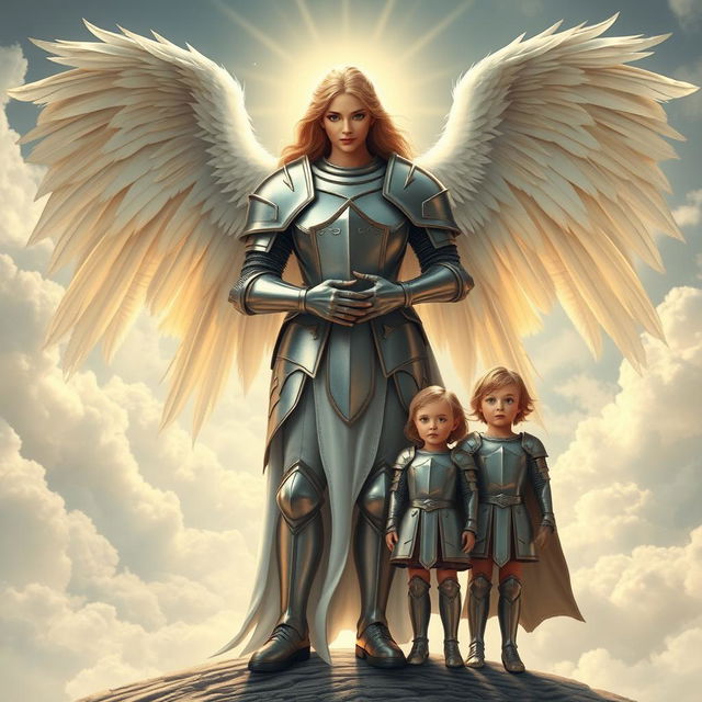 A majestic angel with large, heavenly wings symbolizing a nurturing mother, embracing her three children