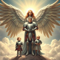 A majestic angel with large, heavenly wings symbolizing a nurturing mother, embracing her three children