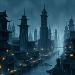 A dark, atmospheric city resembling Naruto's Hidden Rain Village, featuring tall, shadowy buildings with intricate designs, rain pouring down from a grey sky creating a moody ambiance