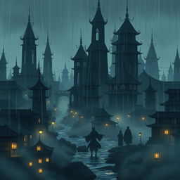 A dark, atmospheric city resembling Naruto's Hidden Rain Village, featuring tall, shadowy buildings with intricate designs, rain pouring down from a grey sky creating a moody ambiance