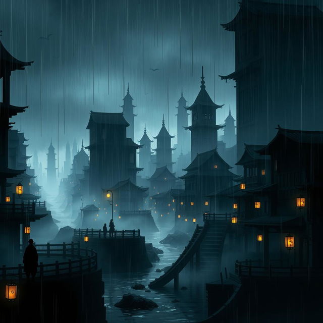 A dark, atmospheric city resembling Naruto's Hidden Rain Village, featuring tall, shadowy buildings with intricate designs, rain pouring down from a grey sky creating a moody ambiance