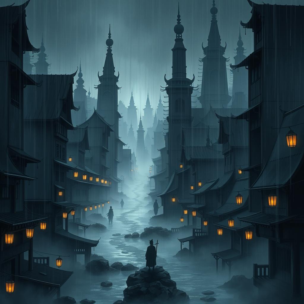 A dark, atmospheric city resembling Naruto's Hidden Rain Village, featuring tall, shadowy buildings with intricate designs, rain pouring down from a grey sky creating a moody ambiance