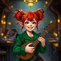 A halfling female bard character inspired by Dungeons and Dragons, featuring vibrant red hair styled in playful buns